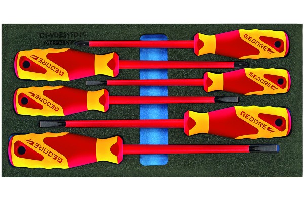 Der 6-teilige VDE-Schraubendreher Set 1500 CT1-VDE 2170 PZ, in einer Schaumstoffeinlage zum Einsetzen in den Werkzeugwagen.