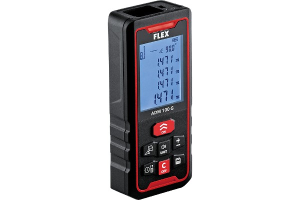 Laser-Distanzmesser ADM 100 G von FLEX: 4 Zeilen mit allen Messwerten auf einen Blick.