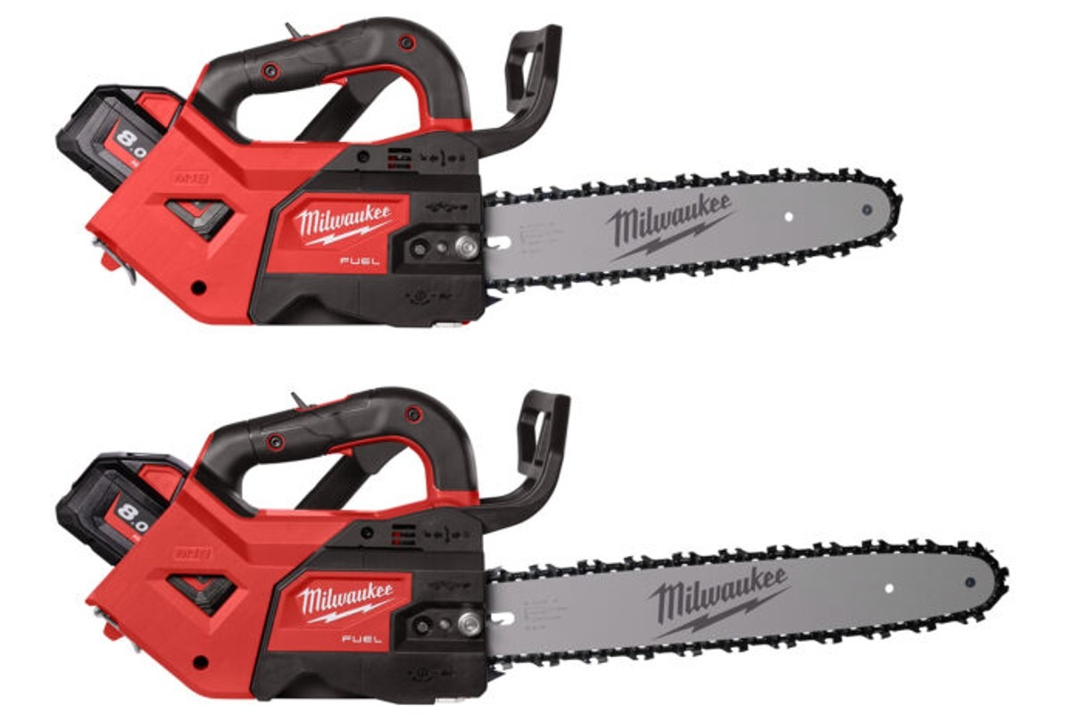 Milwaukee erweitert sein OPE-Sortiment für den GaLaBau und Forstarbeiten mit zwei baugleiche 18 Volt-Tophandle-Kettensägen mit 30 cm bzw. 35 cm Schwertlänge.