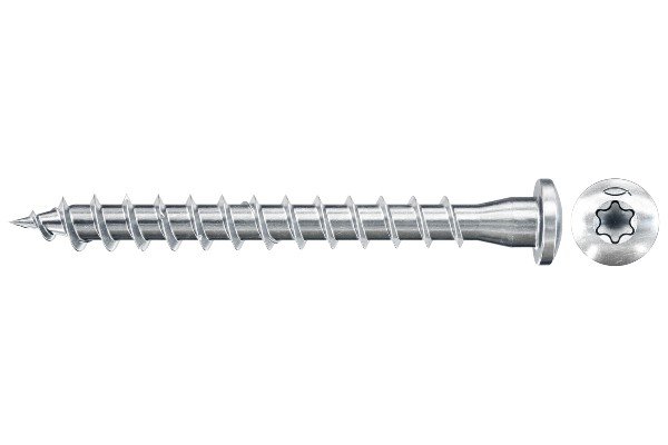 Zum Ausrichten der Schwellen und Balken wird die FSW auf die FBS II 10 US gvz geschoben, eingedreht und zusammen mit einer zweiten Justierscheibe mittels mind. zwei Power-Fast FPF-PT 5,0x40 ZPF-Schrauben am Holz befestigt.