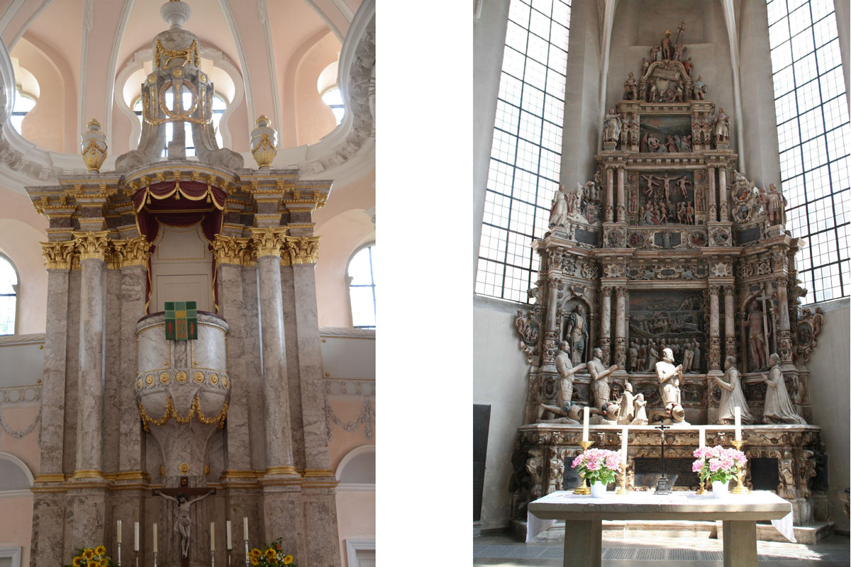 Zwei Kirchenaltare in Castell St. Johannes (links) und Moritzkirche in Coburg.