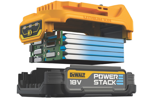 Im neuen 18V Powerstack-Akku von Dewalt kommen gestapelte Pouch-Zellen zum Einsatz. Diese innovative Technologie macht ihn zum leichtesten und gleichzeitig leistungsstärksten Kompakt-Akku von Dewalt.