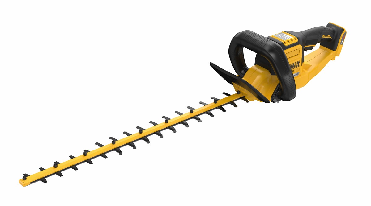 Die DCMHT573N-XJ Heckenschere mit 65 cm lasergeschliffenem Dual-Action Schwert und 31 mm Zahnabstand für präzise Schnitte.
