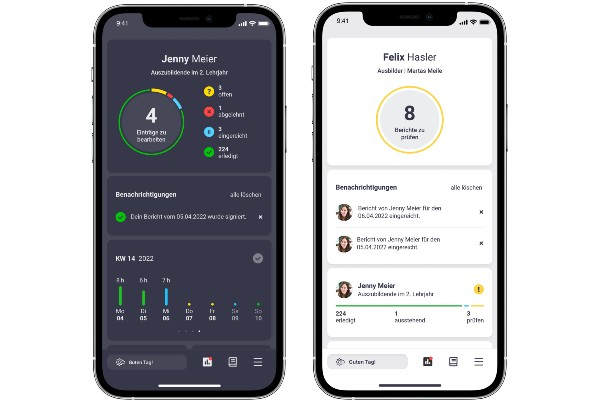 Azubi-App von Zubido mit Dashboard-Ansichten Azubi und Ausbildende