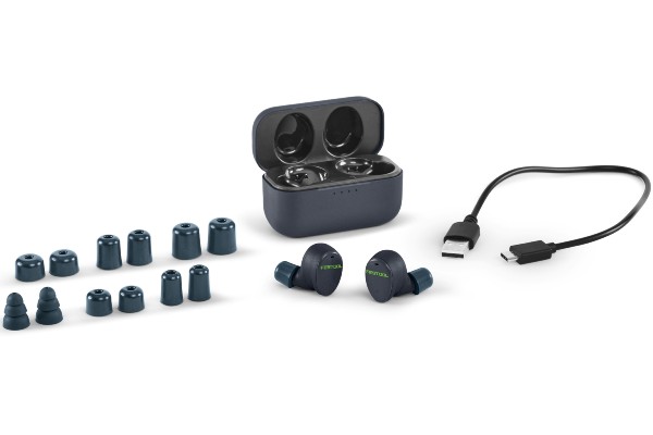 Bluetooth Gehörschutz GHS 25 I mit Ladebehälter und Zubehör.