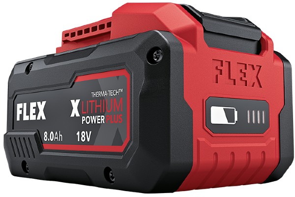 Für mehr Leistung und Laufzeit sorgt der 18.0 V-Akku mit 8.0 Ah von FLEX.