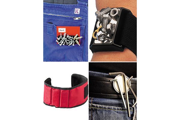 Mobile Kleinteilehalter für Latzhose, Gürtel, Handgelenk oder Oberarm lassen Monteure zu Magnetos mutieren.