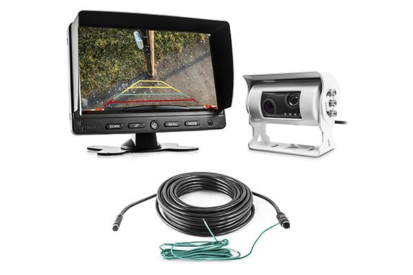 Das Set umfasst den 7“-Monitor CM-NMR7 mit einstellbaren Distanzlinien und Auto-ON-Funktion, die Dualkamera CM-DRFK3 sowie ein 15 m langes Anschlusskabel mit integrierter Steuerleitung.