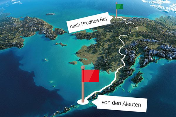 Die Route führt 4000 Kilometer durch Alaska – abseits von Straßen oder Wegen und durch sehr unwegsames Gelände.