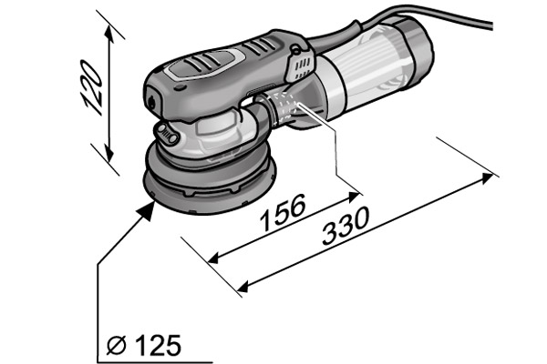 Abmessungen des Exzenterschleifer ORE 2-125 EC von FLEX.