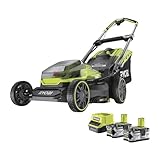 RYOBI 18 V ONE+ Brushless Rasenmäher RY18LMX40A-240 (Schnittbreite 40 cm, 6-fache Höhenverstellung 20-70 mm, Flächen bis 700m², variables Griffgestänge inkl. Mulchkeil, 2x4,0Ah Akku & Ladegerät)
