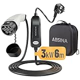 ABSINA Typ 2 Ladekabel Schuko 3kW, 13A, 6 Meter Kabel & 1 phasig - EV Ladekabel Schuko für Elektroauto & Hybrid an Steckdose - Ladeziegel für i3, e-Up, ID.3, ID.4, Zoe, fortwo, Kona, Leon, e-tron